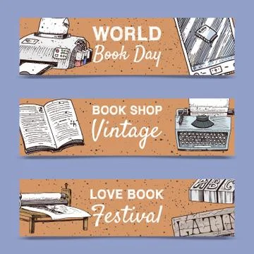 Old books set of banners vector illustration. Vintage or antique writing Illustrazione stock