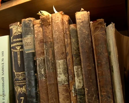 Old books on the shelf Stock Footage 55622766