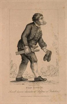 Old Boots, an eccentric shoe shiner. Engraving by R. Cooper, 1821. Stock Illustration