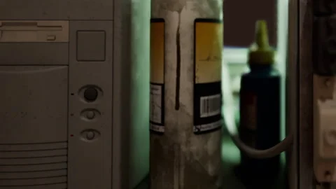 Old bottle placed between appliances in a kitchen Stock Footage 343574278