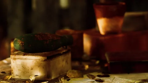 Old bottle rests on a worn box among dried leaves in dim light Stock Footage 345007990
