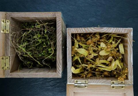 Old Boxes with Dry Herbs on Blue Stone Background Surface with Free Space Stock Photos