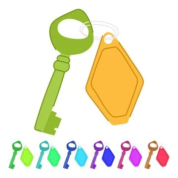 Old brass key with red blank tag for hotel room access graphic Stock Illustration