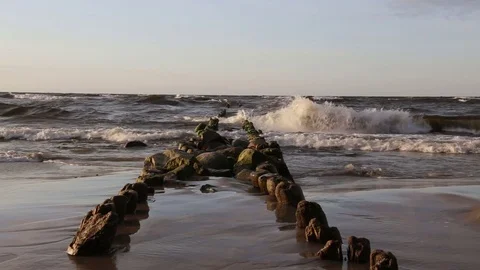 Old breakwaters go to sea Stock Footage 72658474