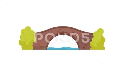 Old brick bridge and green bushes. Walkway across the river. Architecture theme Stock Illustration