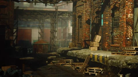 Old brick building near a warehouse with boxes and wooden pallets Stock Footage 340233307