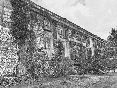 Old brick building with windows and winter shrubs Stock Illustration