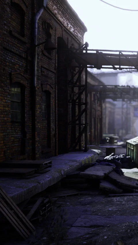 Old brick buildings with narrow pathway in urban setting lit by soft light Stock Footage 334890471