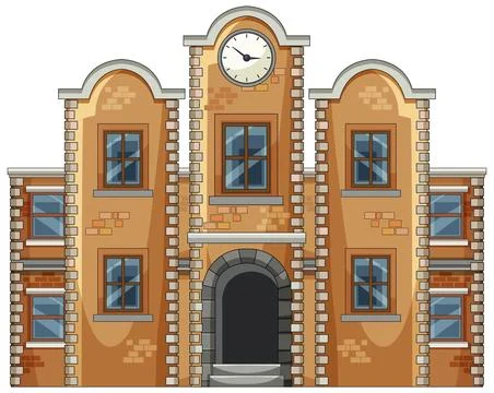 Old Brick Clock Tower Building Front Elevation Stock-Illustration