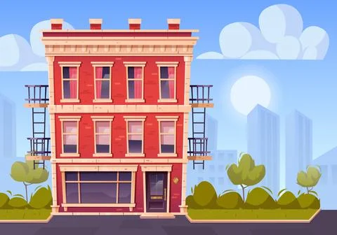 Old brick house with fire escape and shop Stock Illustration
