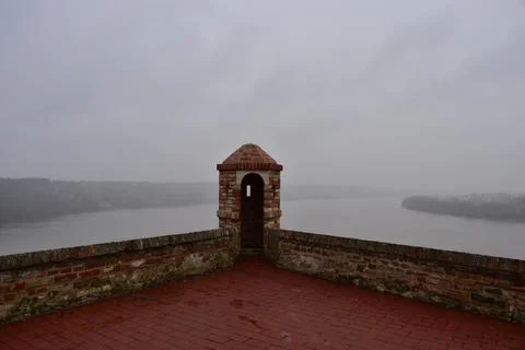 Old brick observation post that look on a Danube river  库存照片