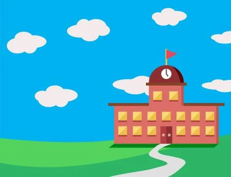 Old Brick school building located on a green hill with blue sky on the backgr Ilustración de archivo