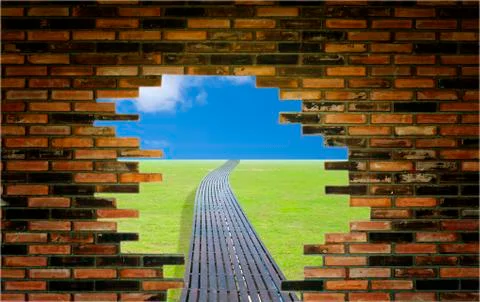 Old brick wall and bridge on grass Stock Illustration