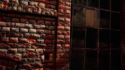 Old brick wall and dirty window at a warehouse during night time Stock Footage 340030280