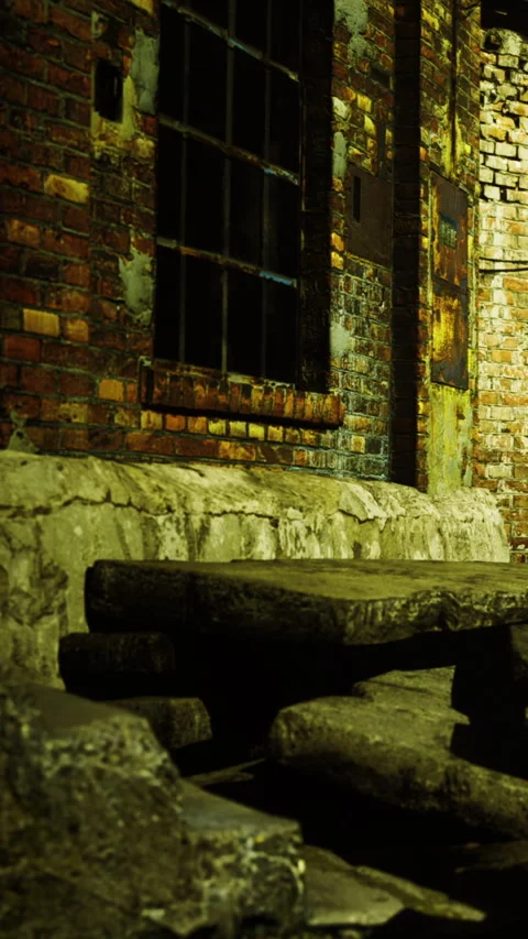 Old brick wall with bench and table at night in urban area Vídeos de archivo 334180387
