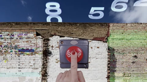 Old brick wall with clouds and hand pressing stop button Stock Footage 319963751