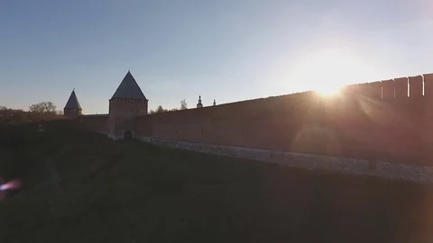 Old Brick Wall with Defensive Towers  Copter Shooting Stock Footage 69859325