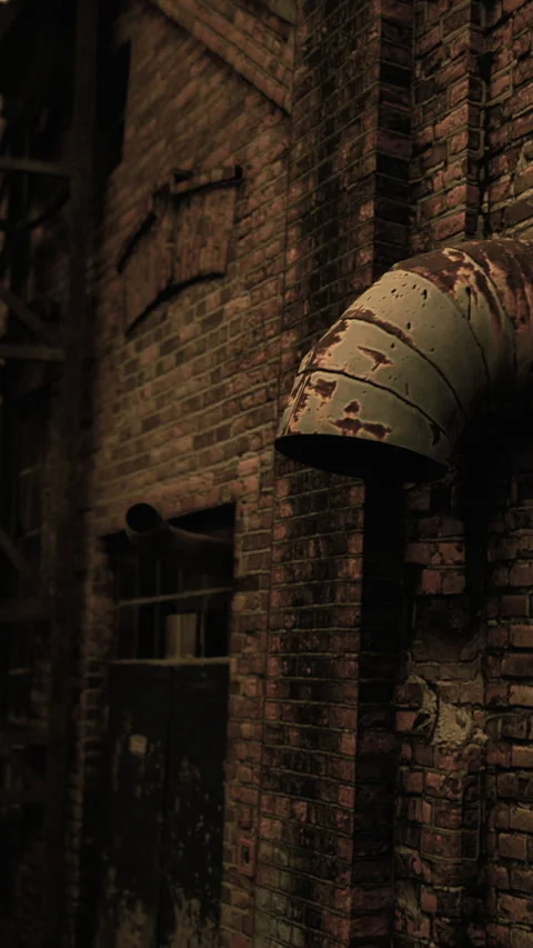 Old brick wall with metal pipe against industrial background in dim light Stock Footage 334261515