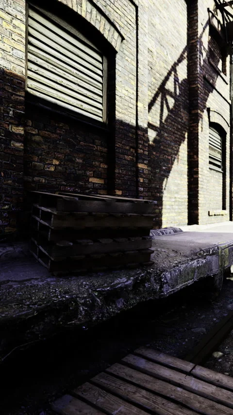 Old brick wall with shadows and wooden platform in a city alley Stock Footage 334890574