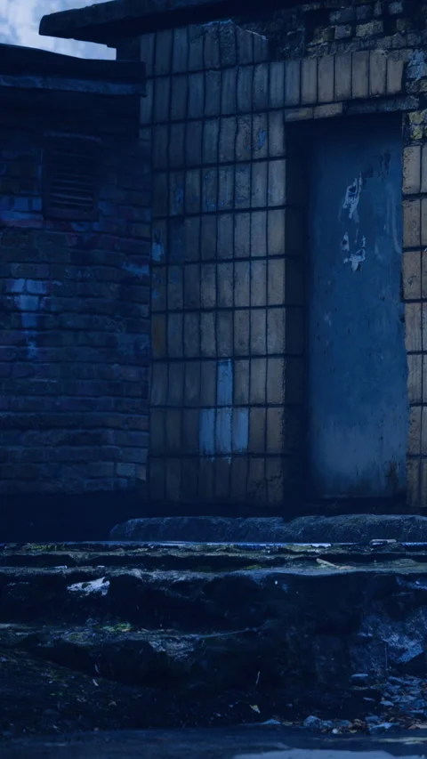 Old brick wall with simple door and worn steps at night Stock Footage 334195587