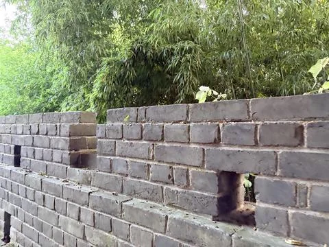 Old Brick Wall with Small Openings Surrounded by Green Foliage Stock-Fotos