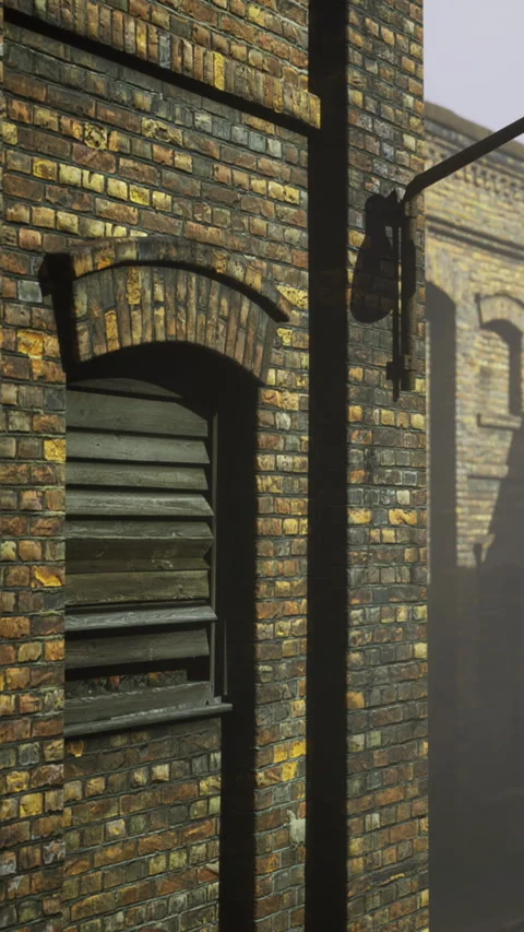 Old brick wall with window and shadow in urban setting Stock Footage 335969379