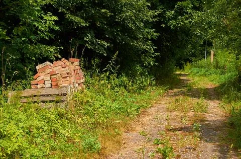 Old bricks are stacked in the grass on the side of a dirt road. 写真素材