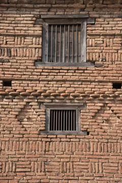 Old brickwork construction, Brick Pattern, Wooden Windows, Wafgaon, Taluka Kh Stock Photos