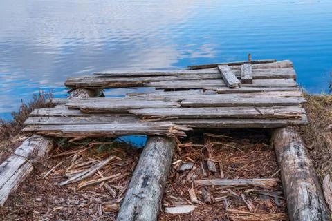 Old bridge on the bog lake. Sunset in the swamp, golden marsh, water and natu Stock Photos