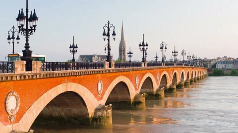 Old bridge in Bordeaux at sunset Stock Footage 60047435