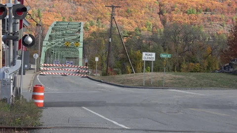Old Bridge closed, scenic fall Wantastiquet mountain background Stock Footage 320211149