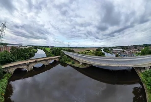 The old Bridge at Ferrybridge drone Panoramic. Stock Photos