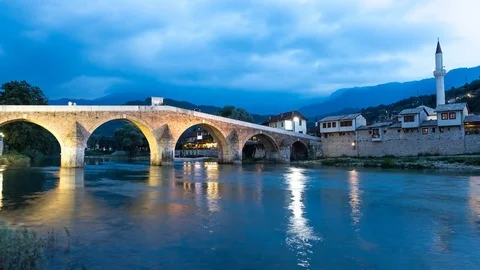 Old bridge Konjic at night Stock Footage 69851720