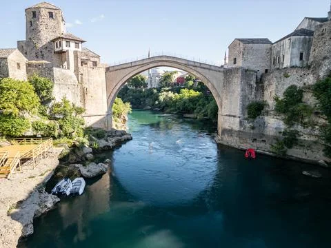 Old Bridge Mostar Frontal Drone Photo with Halebija Tower and Koski Mosque Фото