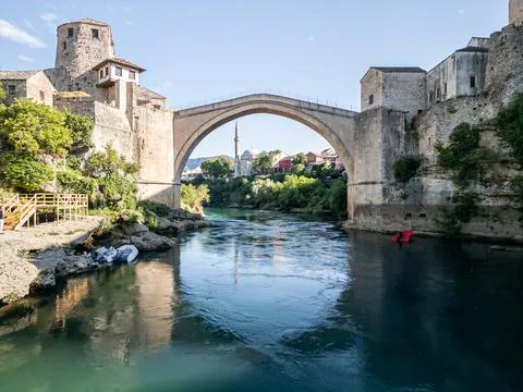 Old Bridge Mostar Frontal Drone Photo with Koski Mosque and Halebija Tower Stock Photos