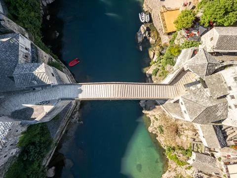 Old Bridge Mostar Top Down Symmetrical Drone Photo with Halebija Tower Stock Photos