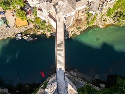 Old Bridge Mostar Top Down Symmetrical Drone Photo Centered Vertically Фото