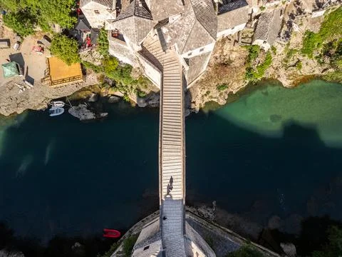 Old Bridge Mostar Top Down Symmetrical Drone Photo Centered Vertically Stock Photos