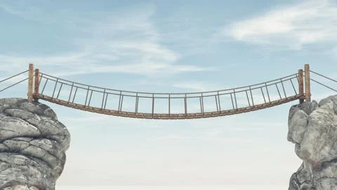 Old bridge over between two big rocks. Ilustração Stock