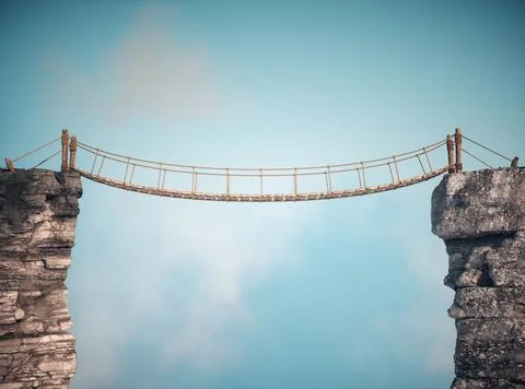 Old bridge over between two big rocks. This is a 3d render illustration Stock Illustration