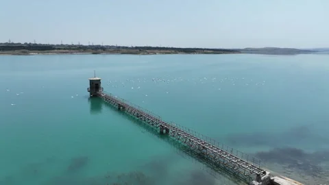 Old bridge over the lake and flying seagulls, drone shot Stock Footage 280360678