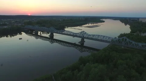 Old bridge over the River Vistula in the city of Pulawy //aerial footage// Stock Footage 61728859