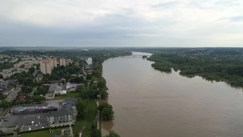 Old bridge over the Vistula River  in the city of Pulawy, aerial view Stock Footage 120399063