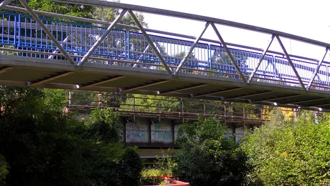 Old Bridge on the River and Train Stock Footage 73198397