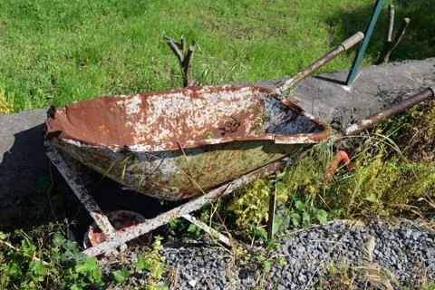 Old broken and rusty wheelbarrow abandoned on a lawn Фото