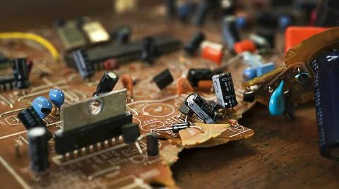 Old broken brown microcircuit close-up, old technology Stock Photos