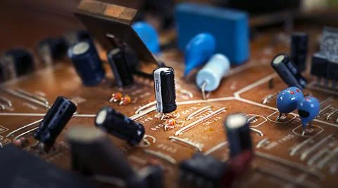 Old broken brown microcircuit close-up, old technology Stock Photos