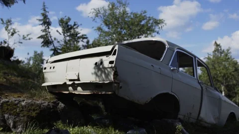 Old broken car on green meadow next to tall pine trees ocloudy sky on background Stock Footage 96160645