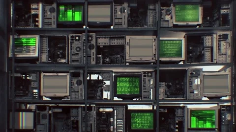 Old Broken Computers Glitch Source Code, Scanning Up Tower Stock Footage 156299283