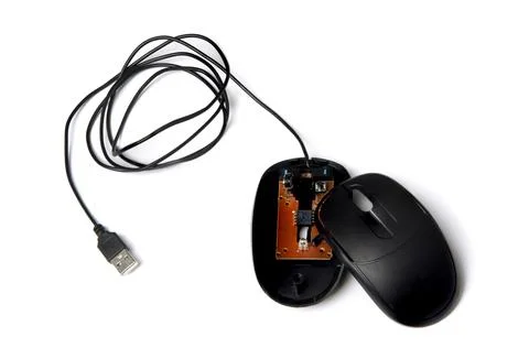 An old broken disassembled mouse with a USB connector for a computer lies on Stock Photos